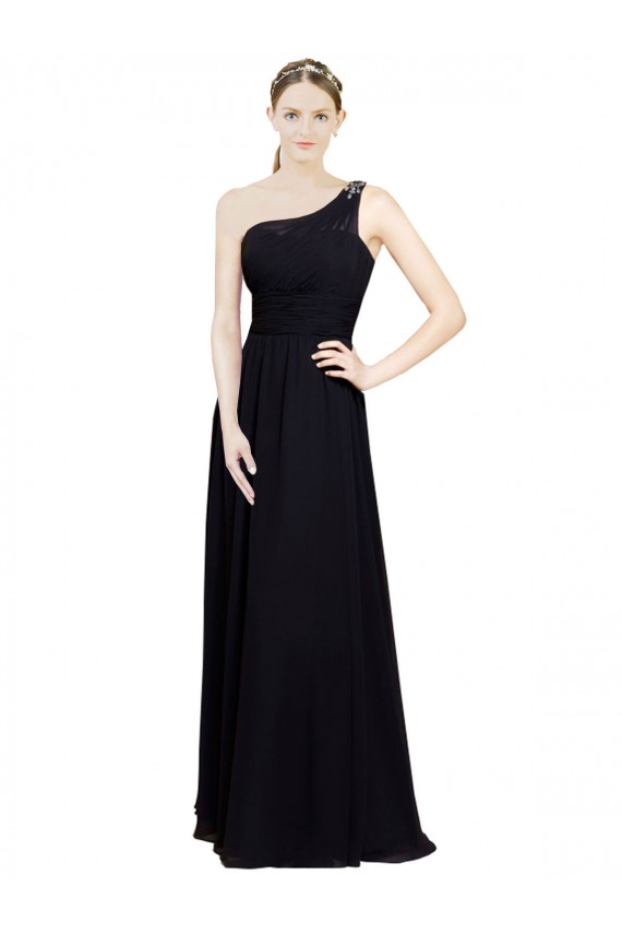 Preto Chiffon Linha A Sem Mangas Um Ombro Longo Vestidos de Madrinha Acessíveis