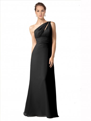 Preto Chiffon Linha A Um Ombro Longo Vestidos de Madrinha