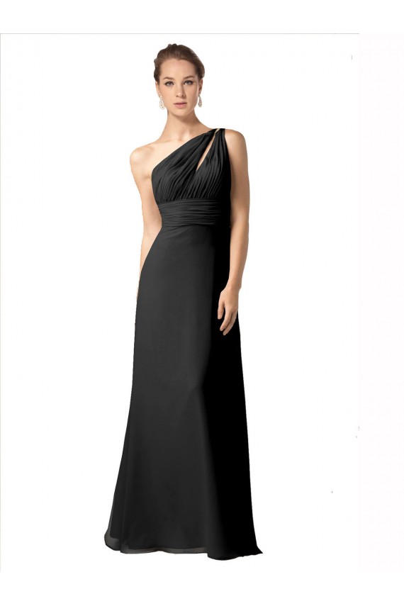 Preto Chiffon Linha A Um Ombro Longo Vestidos de Madrinha Acessíveis