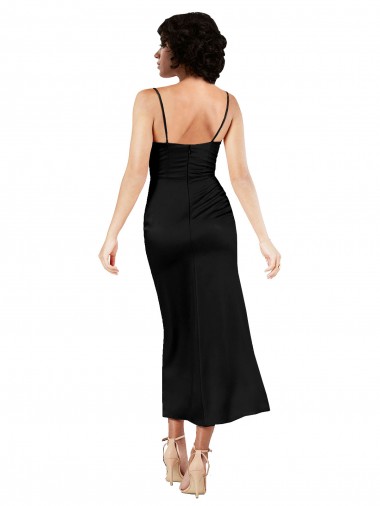 Preto Linha A Alças finas Comprimento Chá Cetim Sedoso Curto Formais Vestidos de Madrinha / Vestidos de Festa