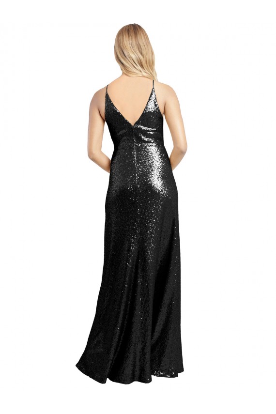 Preto Linha A Alças finas Lantejoulas Longo Formais Vestidos de Madrinha / Vestidos de Festa