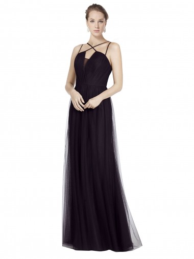 Preto Linha A Alças finas Tule Longo Vestidos de Madrinha