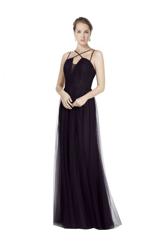 Preto Linha A Alças finas Tule Longo Vestidos de Madrinha Acessíveis