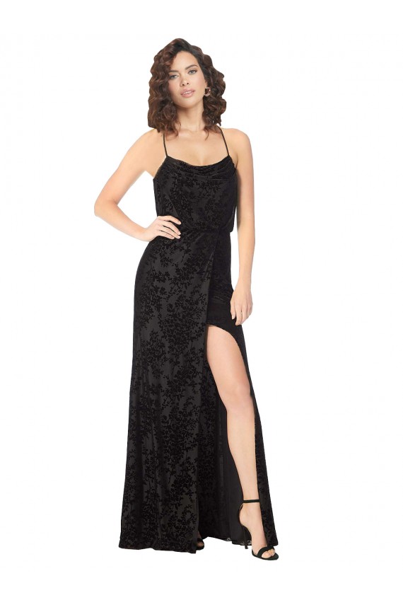 Preto Linha A Alças finas Veludo Floral & Veludo Elástico Longo Vestidos de Madrinha