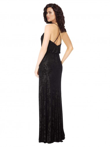 Preto Linha A Alças finas Veludo Floral & Veludo Elástico Longo Vestidos de Madrinha