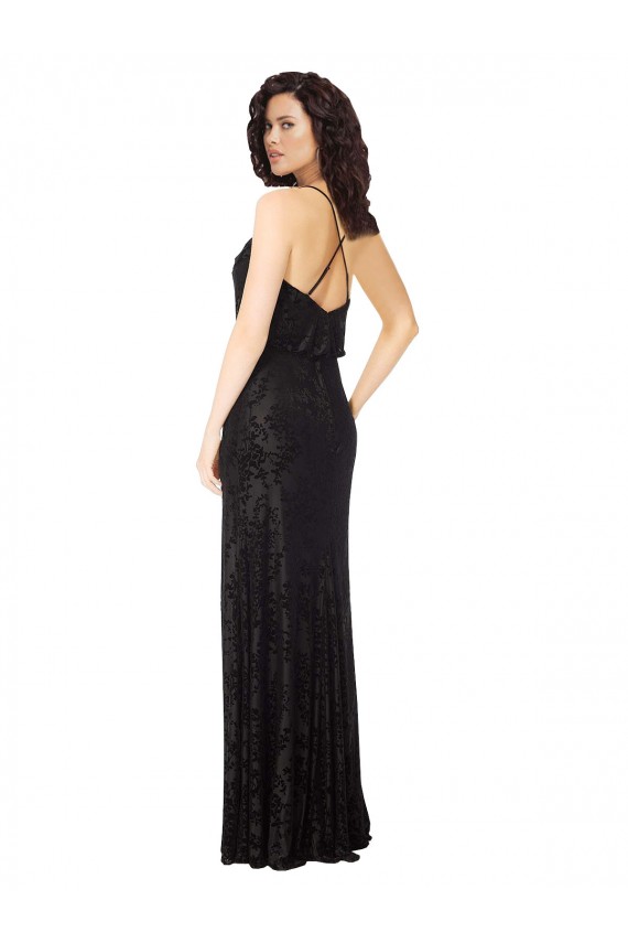 Preto Linha A Alças finas Veludo Floral & Veludo Elástico Longo Vestidos de Madrinha