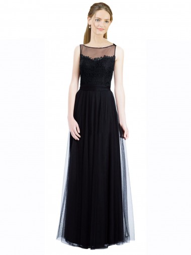 Preto Linha A Barco Tule & Renda Longo Vestidos de Madrinha