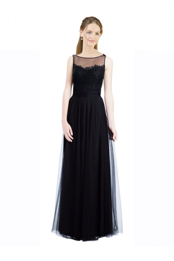 Preto Linha A Barco Tule & Renda Longo Vestidos de Madrinha Acessíveis