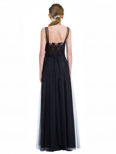 Preto Linha A Barco Tule & Renda Longo Vestidos de Madrinha
