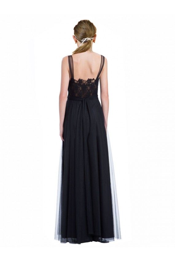 Preto Linha A Barco Tule & Renda Longo Vestidos de Madrinha Acessíveis