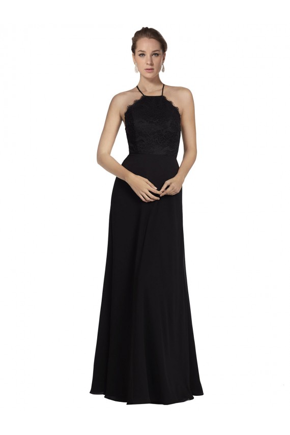 Preto Linha A Cabeçada Chiffon & Renda Longo Vestidos de Madrinha Acessíveis