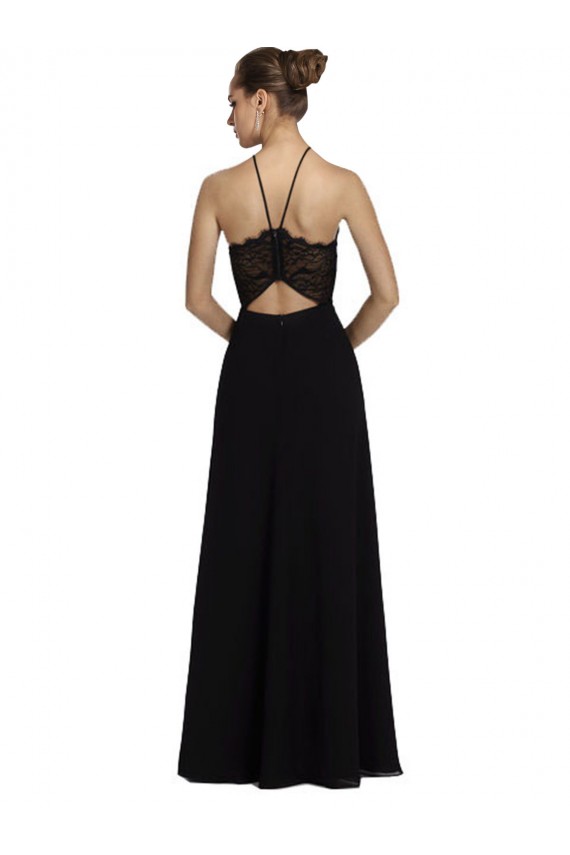 Preto Linha A Cabeçada Chiffon & Renda Longo Vestidos de Madrinha Acessíveis