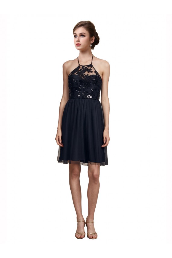 Preto Linha A Cabeçada Tule Curto Vestidos de Madrinha Acessíveis