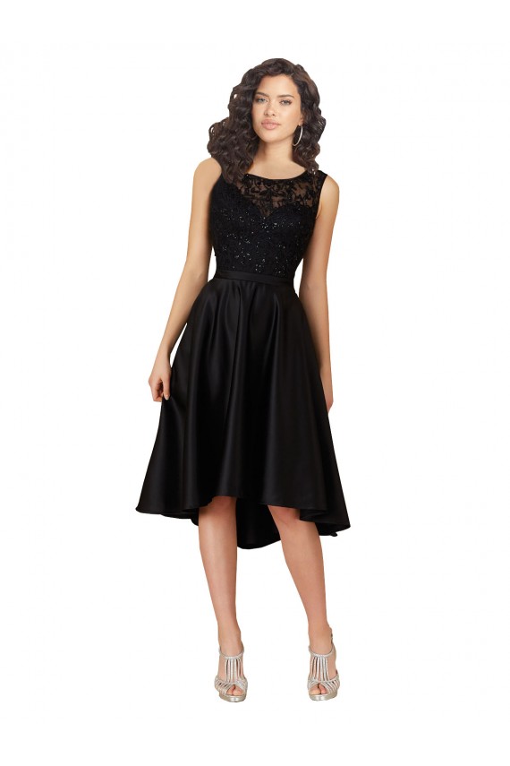 Preto Linha A Decote Ilusão Alto Baixo Cetim & Renda Curto Alto Baixo Vestidos de Madrinha / Vestidos de Homecoming Acessíveis