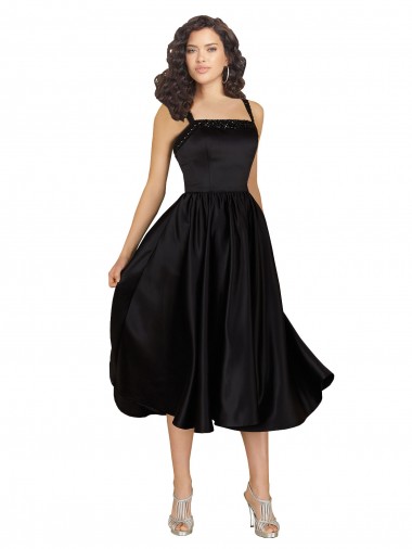 Preto Linha A Decote Quadrado Cetim Curto Vestidos de Madrinha / Vestidos de Festa