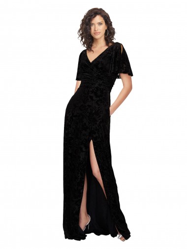 Preto Linha A Decote V Veludo Floral & Veludo Elástico Longo Vestidos de Madrinha