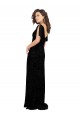 Preto Linha A Decote V Veludo Floral & Veludo Elástico Longo Vestidos de Madrinha