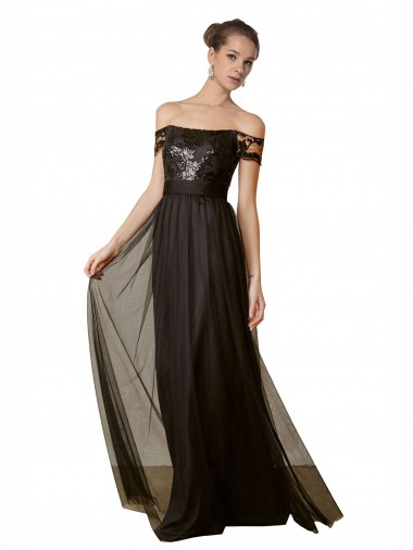 Preto Linha A Fora do Ombro Tule & Lantejoulas Longo Vestidos de Madrinha