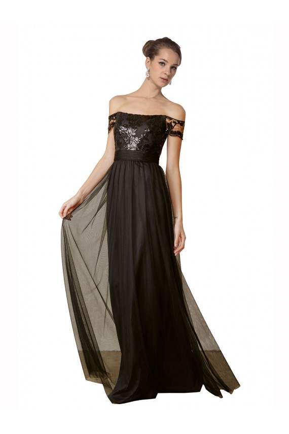 Preto Linha A Fora do Ombro Tule & Lantejoulas Longo Vestidos de Madrinha Acessíveis