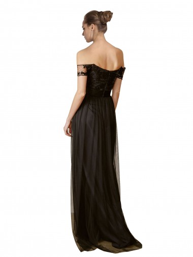Preto Linha A Fora do Ombro Tule & Lantejoulas Longo Vestidos de Madrinha