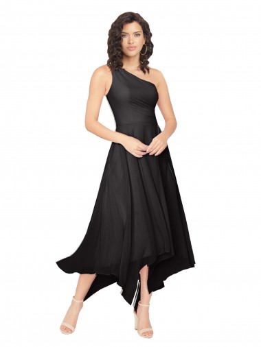 Preto Linha A Um Ombro Alto Baixo Chiffon Curto Alto Baixo Vestidos de Madrinha / Vestidos de Homecoming
