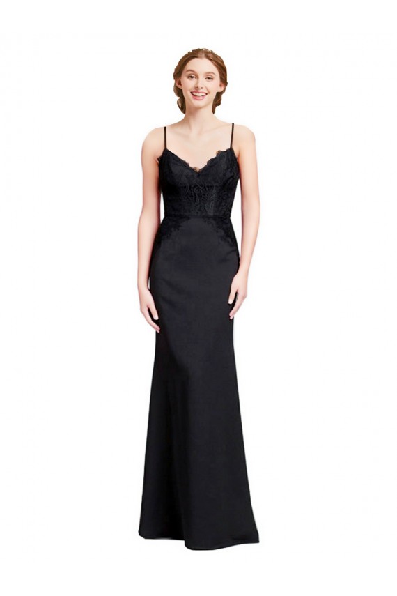 Preto Sereia Alças finas Crepe Esticado Longo Vestidos de Madrinha / Vestidos de Festa Acessíveis
