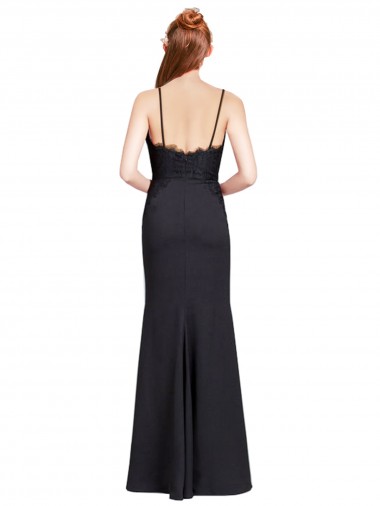 Preto Sereia Alças finas Crepe Esticado Longo Vestidos de Madrinha / Vestidos de Festa