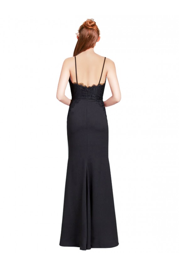 Preto Sereia Alças finas Crepe Esticado Longo Vestidos de Madrinha / Vestidos de Festa Acessíveis