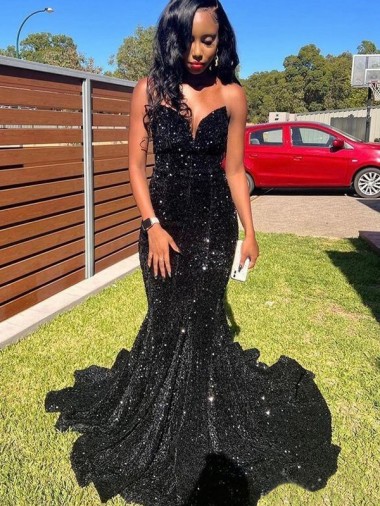 Preto Sereia Amor Lantejoulas Veludo Longo Lantejoulas Veludo Vestidos de Festa