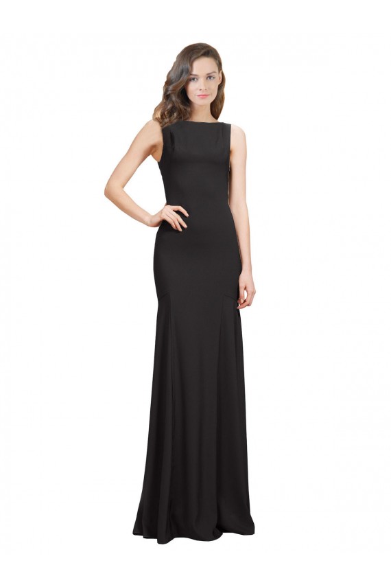 Preto Sereia Barco Crepe Esticado Longo Vestidos de Madrinha / Vestidos de Festa Acessíveis