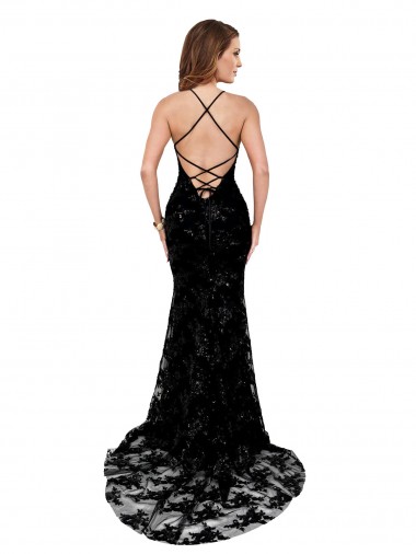 Preto Sereia Decote Alto Renda Longo Formais Vestidos de Madrinha / Vestidos de Festa