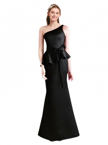 Preto Sereia Um Ombro Cetim Longo Vestidos de Madrinha