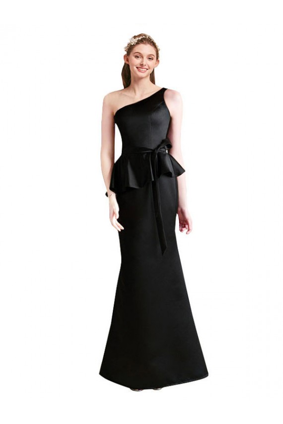 Preto Sereia Um Ombro Cetim Longo Vestidos de Madrinha Acessíveis