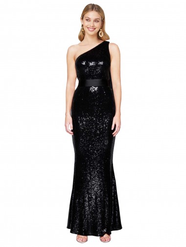Preto Sereia Um Ombro Lantejoulas Longo Formais Vestidos de Madrinha / Vestidos de Festa