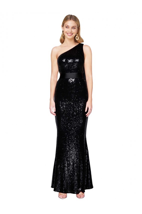 Preto Sereia Um Ombro Lantejoulas Longo Formais Vestidos de Madrinha / Vestidos de Festa