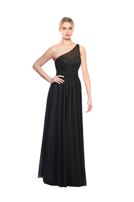 Preto Tule Linha A Sem Mangas Um Ombro Longo Vestidos de Madrinha Acessíveis