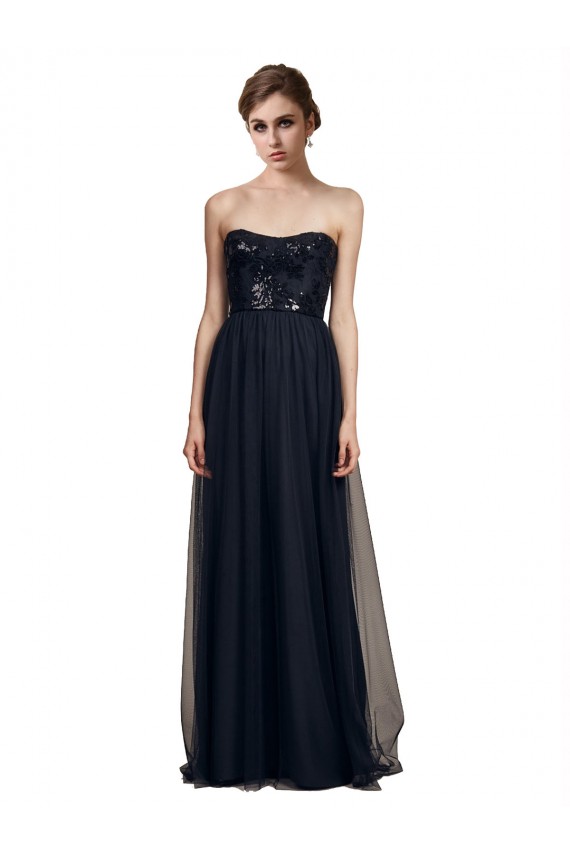 Preto Tule Linha A Sem alças Longo Vestidos de Madrinha Acessíveis