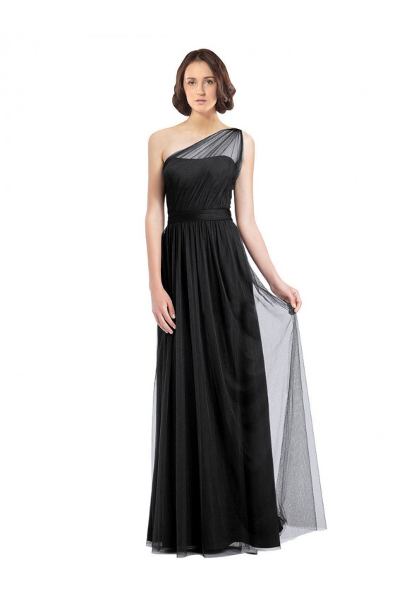 Preto Tule Linha A Um Ombro Longo Vestidos de Madrinha Acessíveis