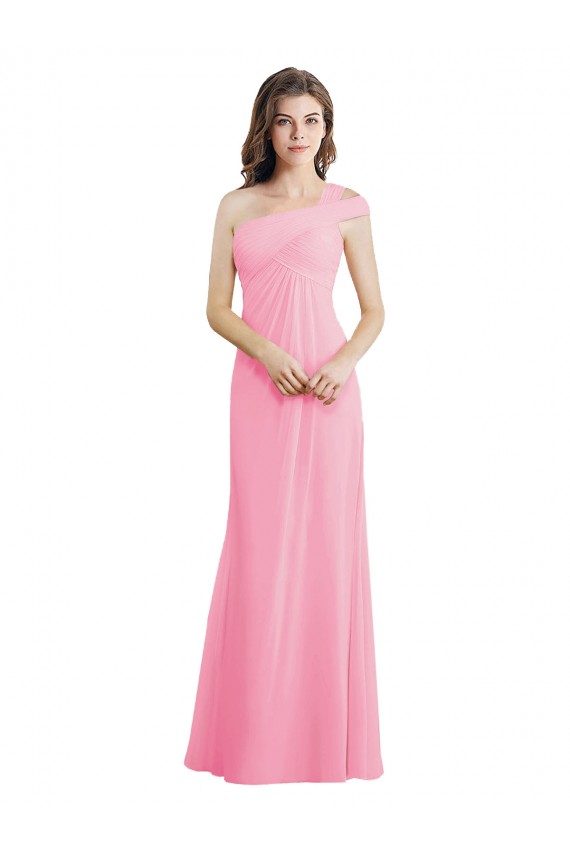 Quase Rosa Linha A Um Ombro Chiffon Longo Vestidos de Madrinha Acessíveis