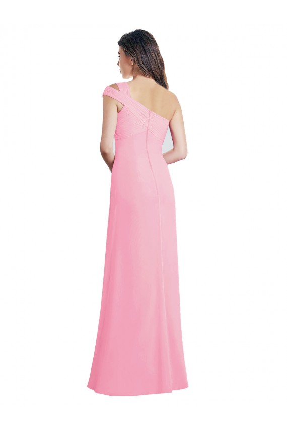 Quase Rosa Linha A Um Ombro Chiffon Longo Vestidos de Madrinha Acessíveis