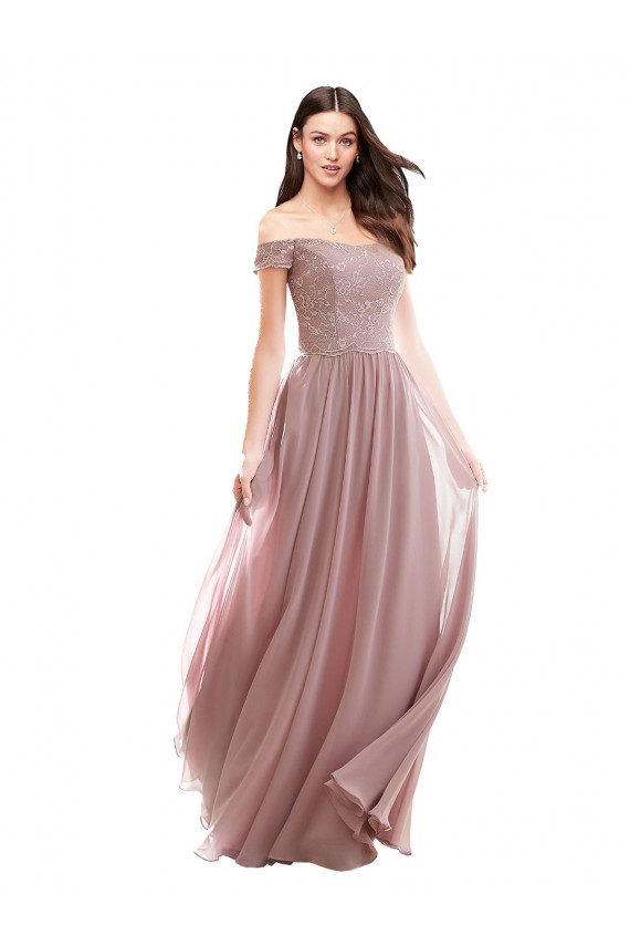 Rosa 147 Linha A Fora do Ombro Chiffon & Renda Longo Vestidos de Madrinha Acessíveis