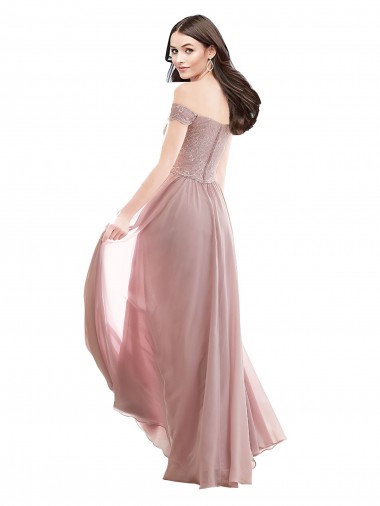 Rosa 147 Linha A Fora do Ombro Chiffon & Renda Longo Vestidos de Madrinha