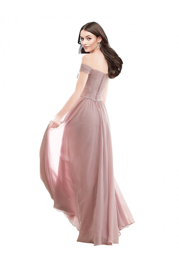Rosa 147 Linha A Fora do Ombro Chiffon & Renda Longo Vestidos de Madrinha Acessíveis