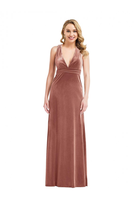 Rosa Canela Veludo Elástico Linha A Criss Cruz Decote V Longo Formais Vestidos de Madrinha / Vestidos de Noite / Vestidos de Festa Acessíveis