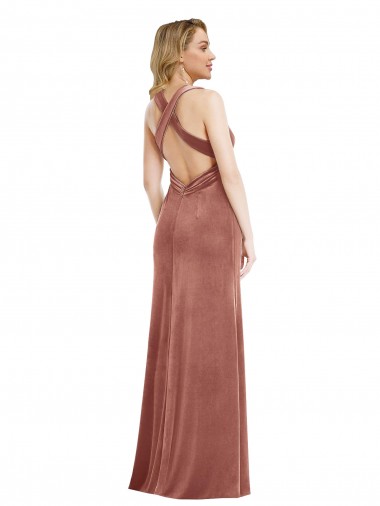 Rosa Canela Veludo Elástico Linha A Criss Cruz Decote V Longo Formais Vestidos de Madrinha / Vestidos de Noite / Vestidos de Festa