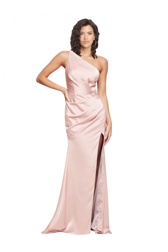 Rosa Cetim Sedoso Bainha Lombar Um Ombro Longo Formais Vestidos de Madrinha / Vestidos de Noite / Vestidos de Festa