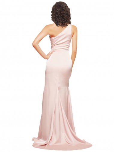 Rosa Cetim Sedoso Bainha Um Ombro Longo Formais Vestidos de Madrinha / Vestidos de Noite / Vestidos de Festa