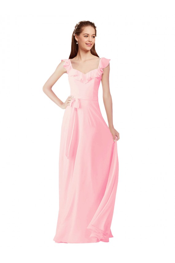 Rosa Chiffon Linha A Decote V Longo Vestidos de Madrinha Acessíveis