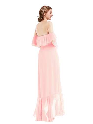 Rosa Chiffon Linha A Fora do Ombro Alto Baixo, Longo Alto Baixo Vestidos de Madrinha