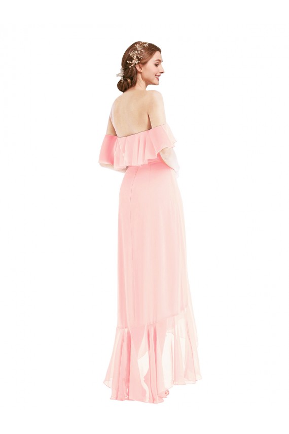 Rosa Chiffon Linha A Fora do Ombro Alto Baixo, Longo Alto Baixo Vestidos de Madrinha Acessíveis